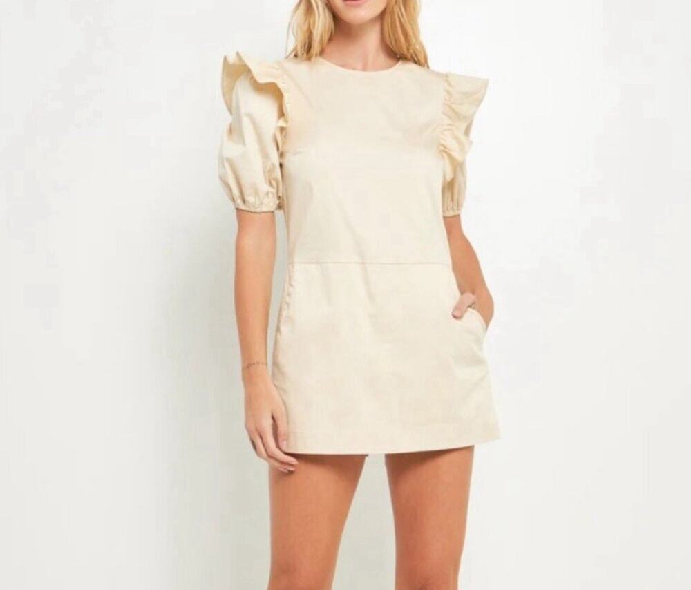 English Factory Skort Romper Sz M Puff Sleeve Modern Prairie Neutral Chic Beige